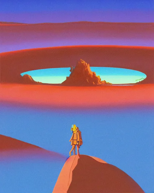 Image similar to roger dean 1 9 8 0 s art of a lone man walking in the dry desert of a strange bizarre alien planet surface lakes reflective clear blue water, rainbow in sky, imagery, illustration art, album art