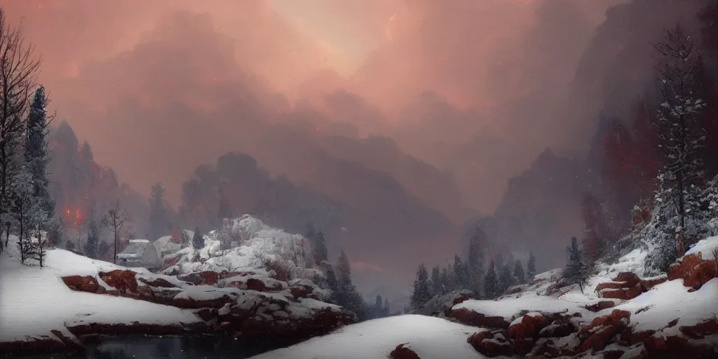 Image similar to A beautiful oil painting of a rocky valley covered in snow, trees with red leaves, thunderstorm in the sky, blue lighting, gloomy, atmospheric lighting, detailed, by greg rutkowski, trending on artstation