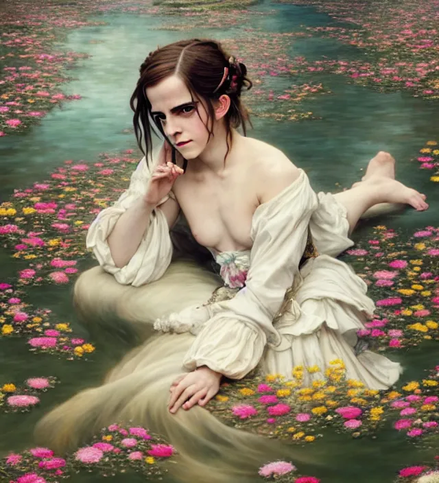 Image similar to emma watson baroque portrait of one steampunk bohemian geisha woman of porceline skin lying down in a river made of thousand of flowers, cinematic lighting, photorealistic, octane render, 8 k, depth of field, art by artgerm and greg rutkowski and alphonse mucha and uang guangjian