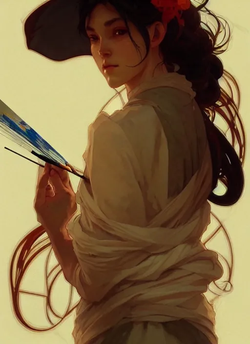 Image similar to a painter with his paintings, digital painting, artstation, concept art, smooth, sharp focus, illustration, art by artgerm and greg rutkowski and alphonse mucha