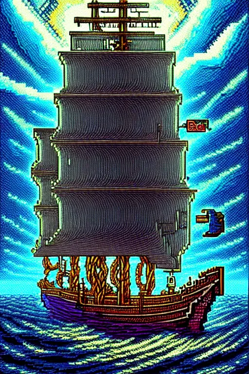 Prompt: standing aboard a ship when lightning and the tides strike, beautiful detailed pixelart by albertov, intricate details, beautiful, dithered gradients, volumetric lighting, cgsociety, artstation, smooth, sharp focus, 2 d illustration, amazing art by dan mumford, old school computer game graphics, crpg, d & d, pixel art