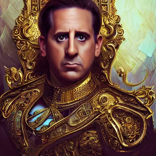 Prompt: an extremely ornate portrait of a michael scott, ultra detailed, intricate, elegant, digital art painting, smooth, sharp focus magazine art cover illustration, regal, award winning picture, extremely detailed masterpiece, sense of awe, featured on artstation, artgerm, magic the gathering, mtg, d & d,