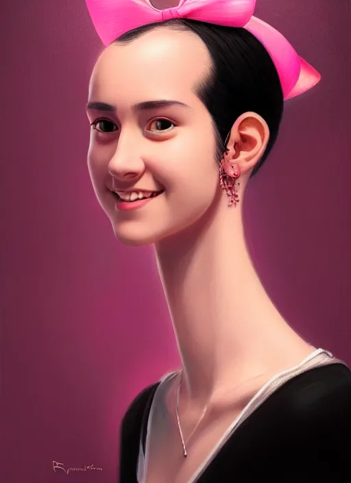 Image similar to portrait of teenage girl, narrow face, black hair, bangs, half updo hairstyle, pointy nose, skinny, smile, unattractive, defined jawline, big chin, pink hair bow, earrings, intricate, elegant, glowing lights, highly detailed, digital painting, artstation, sharp focus, illustration, art by wlop, mars ravelo and greg rutkowski