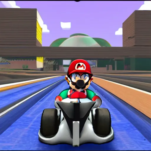 Image similar to Walter White in Mario Kart driving trailer car, game screenshot