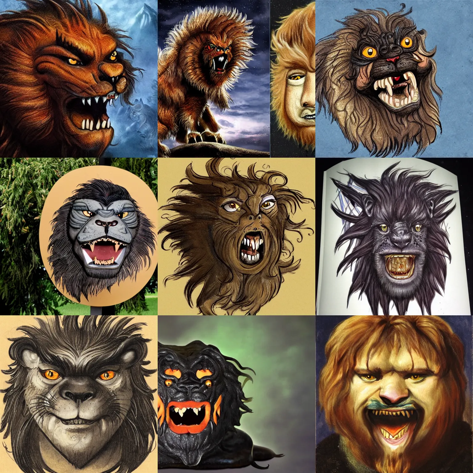 Prompt: a manticore with the face of jack black