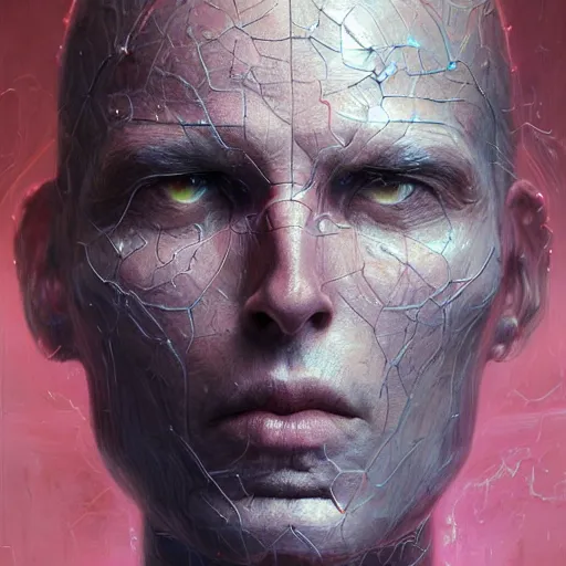 Prompt: centered front face portrait art illustration of an ultradetailed evil metaverse cyborg made of neuronal networks, by greg rutkowski and Zdzisław Beksiński, photorealistic, 8k, intricate, futuristic, dramatic light, trending on cg society