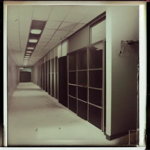 Prompt: Creepy liminal infinite office space, old polaroid, photograph