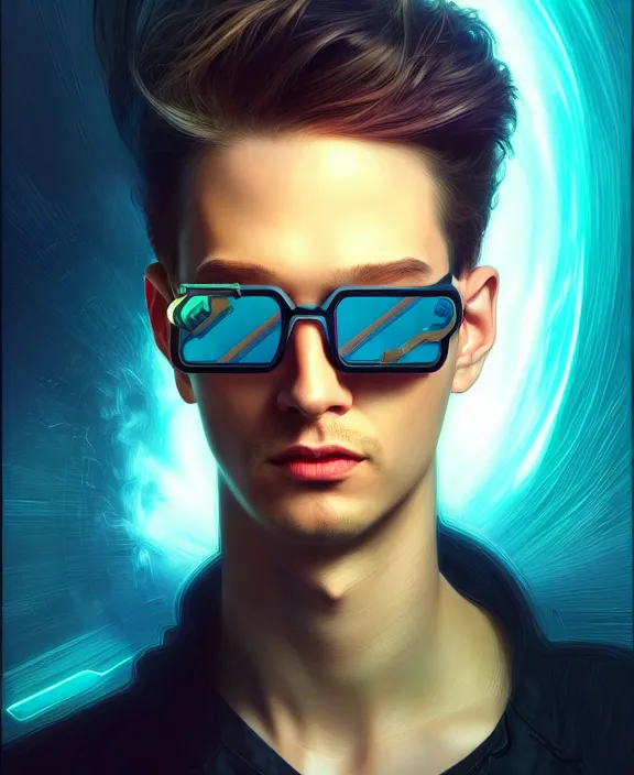 Prompt: a whirlwind inside the metaverse, future, guy, male, man, sunglasses, hologram, half body, neurochip, android, cyborg, cyberpunk face, by loish, d & d, fantasy, intricate, elegant, highly detailed, colorful, digital painting, artstation, concept art, art by artgerm and greg rutkowski and alphonse mucha