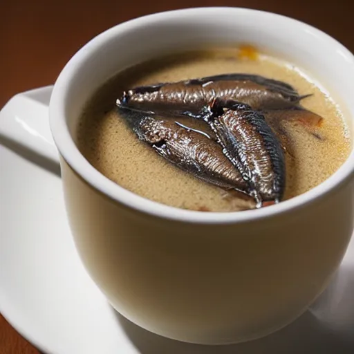 Prompt: anchovies sunk in a white porcelain cup of milk tea, macro restaurant photo