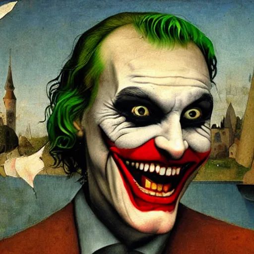 Image similar to portrait of the joker, joker is laughing, joaquin phoenix as joker, drama, chaos matte painting by hieronymus bosch and zidislaw beksinsky