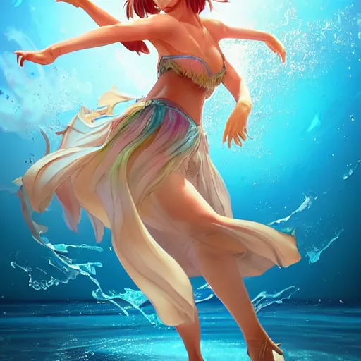 Image similar to semi realistic portrait Salsa Dancing inside clear blue ocean water in blade and soul spinoff by Hyung-tae Kim and by Artgerm Lau , color overlay, rim light and highlights , Gesture draw, Salsa Social Dance, couple, Salsa tricks, WLOP, Hyung-tae Kim, Rossdraws, Gesture draw, James Jean, Andrei Riabovitchev, Marc Simonetti, and Sakimichan, trending on artstation