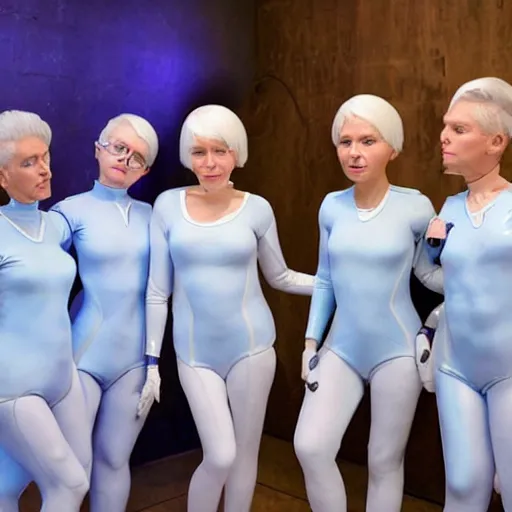 Image similar to troop 1 2 0 - year - old grannies with white bob hairdos, tight light blue latex body suits, futuristic cloning facility, sci - fi, highly detailed, cinematic