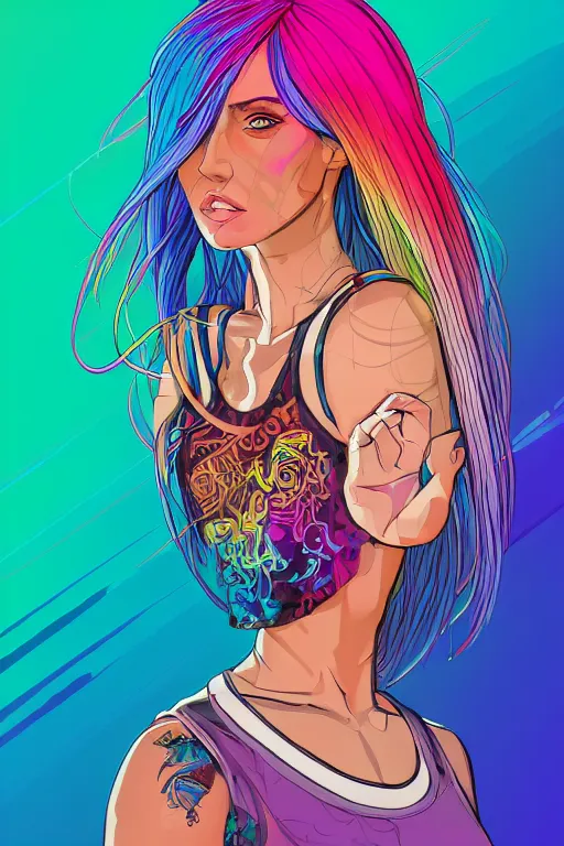 Image similar to a award winning half body portrait of a beautiful woman with stunning eyes in a printed croptop and cargo pants with rainbow colored ombre hairstyle head in motion and hair flying by josan gonzales, outrun, vaporware, shaded flat illustration, digital art, trending on artstation, highly detailed, fine detail, intricate