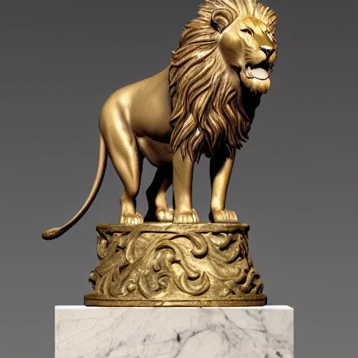 Image similar to a statue of a lion on a marble base, a bronze sculpture by Paul Howard Manship, featured on zbrush central, new sculpture, made of wrought iron, marble sculpture, grotesque