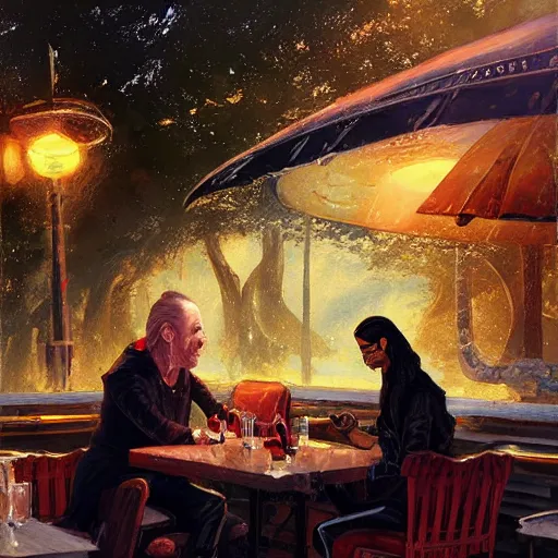 Image similar to klingon sitting at outdoor table at vintage paris cafe, digital painting, greg rutkowski, john howe.