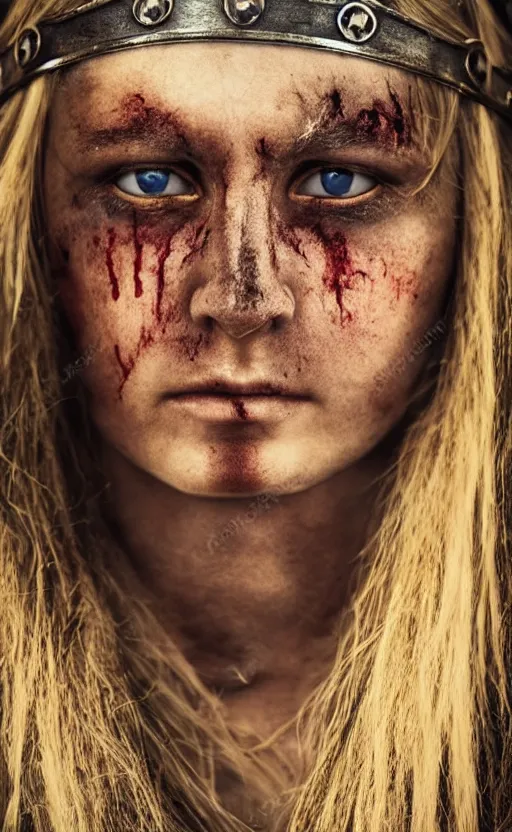 Image similar to photorealistic 3/4 photograph of beautiful female viking warrior with large sad gray eyes, bloody, cinematic, 28mm