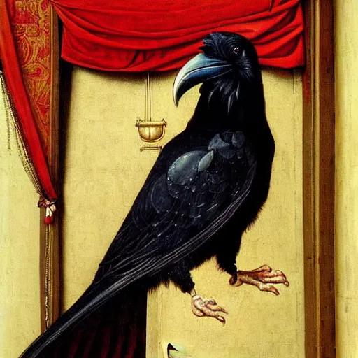 Image similar to a highly detailed painting of a raven, dressed in elegant tudor clothes, inside a room with thick red tapestries, by hans holbein