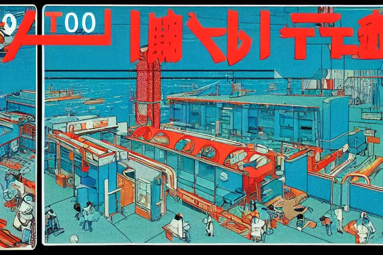 Image similar to 1 9 7 9 edition of automated tokyo fish processing plant. art in the style of vincent di fate's cyberpunk 2 0 2 0.