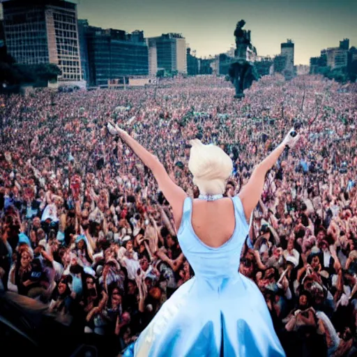 Image similar to Lady Gaga as Evita, Argentina presidential rally, Argentine flags behind, bokeh, epic photo, detailed face, Argentina