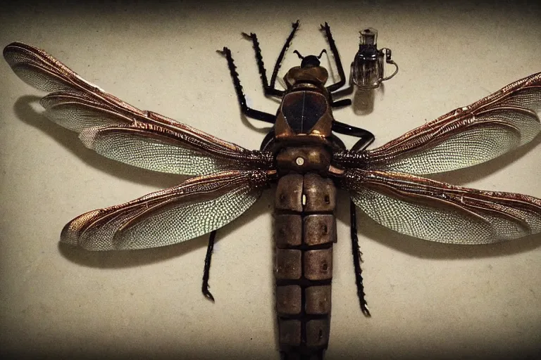 Prompt: super detailed steampunk dragonfly with big eyes and shiny wings, realistic, 4k