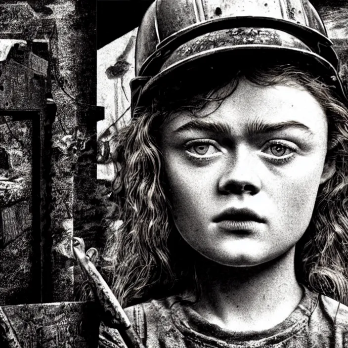 Image similar to extreme close - up on sadie sink as a miner who raises stale bread. background : black tiles on walls. black and white, pencil and ink. by gabriel hardman, joe alves, chris bonura. cinematic atmosphere, detailed and intricate, perfect anatomy