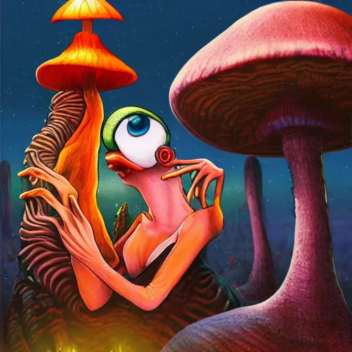 Image similar to A centered chest up portrait of a psychedelic godlike anthropomorphic frog smoking a hand-rolled cigarette , magic mushroom village in background . award winning. superb resolution. in the art style of junji Ito and greg rutkowski . Detailed Mushroom city in background. Hyper realistic anime. Perfect art. Dalle2