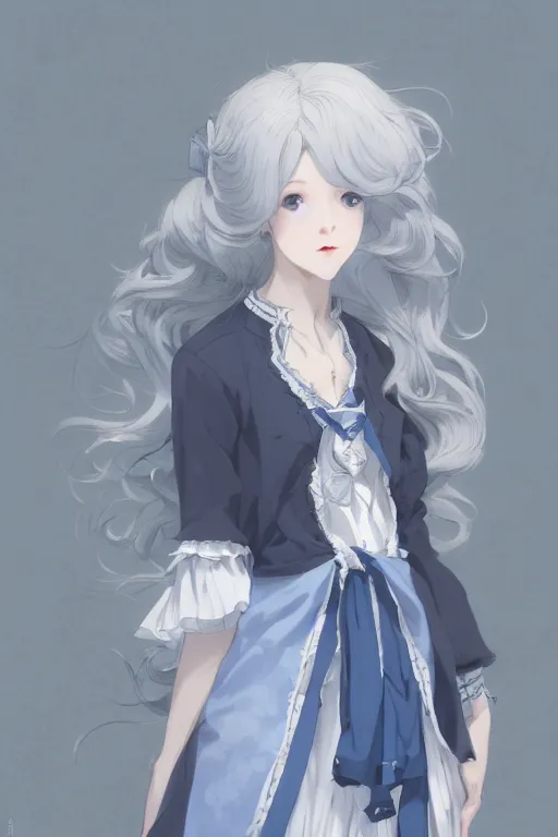 Prompt: a character design of young black lolita dressed girl, grey and blue theme, wavy white long hair by krenz cushart and mucha and akihito yoshida and makoto shinkai and greg rutkowski, detailed eyes, 4 k resolution