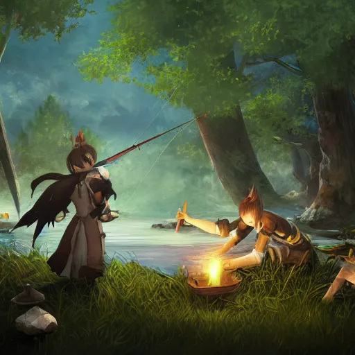 Image similar to ffxiv's y'shtola fishing in the forest at dawn, illustration, trending on art station