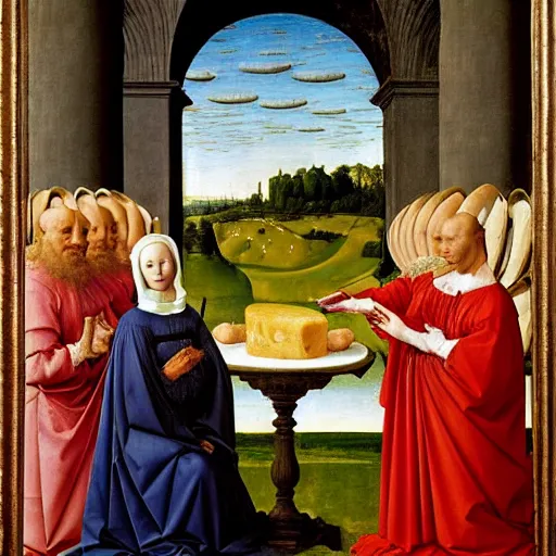 Prompt: beautiful renaissance painting portrait of a gouda cheese wheel by sandro botticelli, jan van eyck, tiziano vecelli, piero della francesca