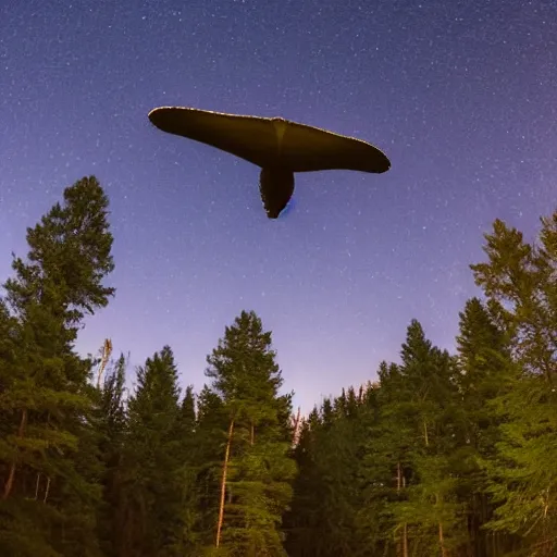 Prompt: a photo of a big glowing humpback whale flying in the a nightime sky above a forest, as taken from the ground. canon iso