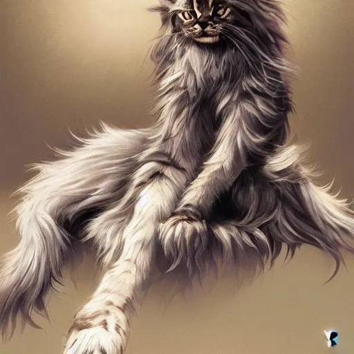 Prompt: maine coon, anthropomorphic large maine coon, bipedal, muskateer outfit, aware. furry. character concept, digital painting, artstation, concept art, smooth, super sharp focus, illustration, art by artgerm and h r giger and alphonse mucha