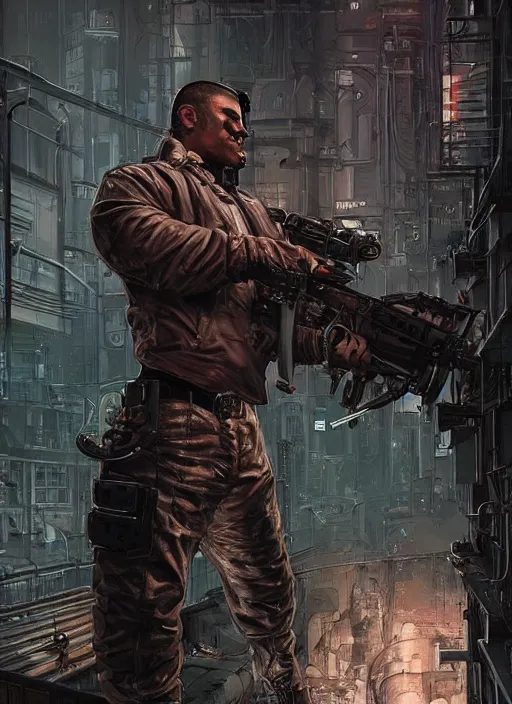 Prompt: Dumb Bubba. Buff cyberpunk meathead losing a fight. Realistic Proportions. Epic painting by James Gurney and Laurie Greasley. Moody Industrial setting. ArtstationHQ. Creative character design for cyberpunk 2077.