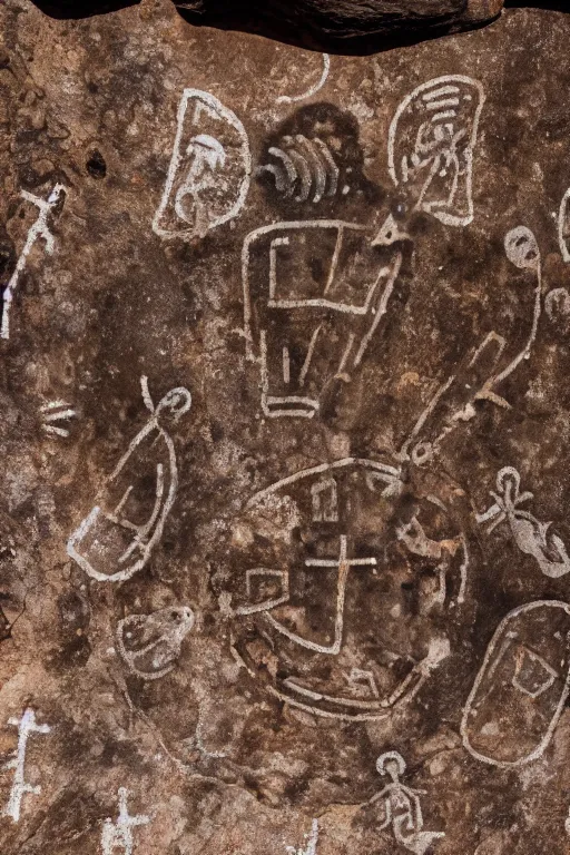 Image similar to 4 k photography of petroglyphs representing crosses, ufo, wifi symbol on a cave