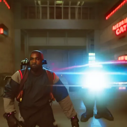 Image similar to kanye west in ghostbusters game, splash art, movie still, cinematic lighting, dramatic, octane render, long lens, shallow depth of field, bokeh, anamorphic lens flare, 8 k, hyper detailed, 3 5 mm film grain