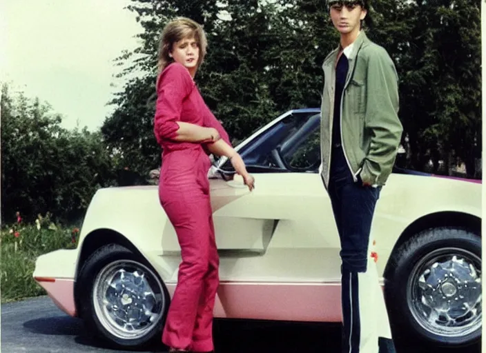 Image similar to color photo. a cool handsome photomodel standingwith hos arm crossed in the 8 0's. girl on both sides. sport car in the background