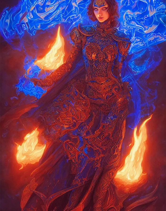 Image similar to young morgana, battle mage, brilliant royal blue flames surrounding her, intricate detail, ornate, tarot card, digital artwork by artgerm and lily abdullina, wpol and sarasti, donato giancola and android jones, artstation