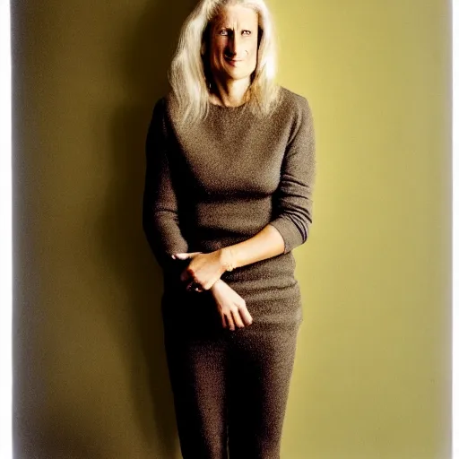 Image similar to portrait photograph by annie leibovitz of olive skinned blonde female in her thirties wearing designer clothes