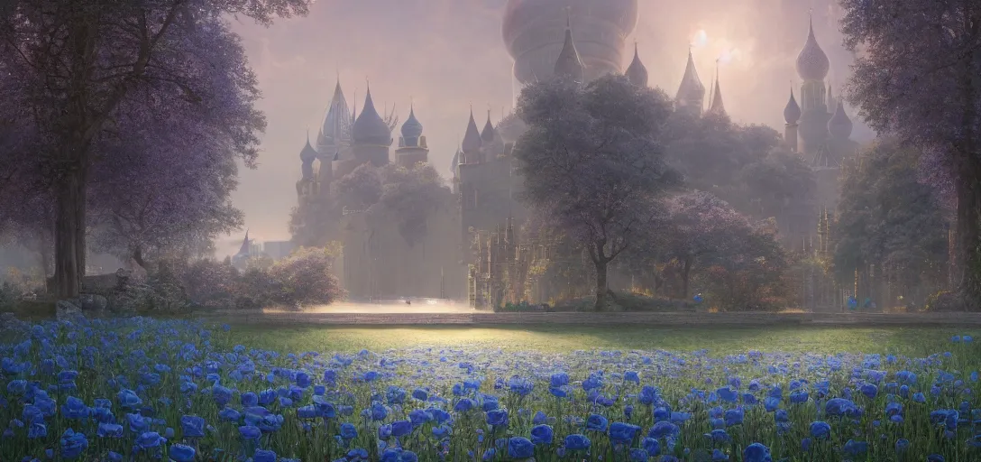 Image similar to vanishing point, palace like the kremlin in distance on a lake is covered with aqua blue roses, viewed from afar, stephen bliss, misty, unreal engine, fantasy art by greg rutkowski, loish, ferdinand knab, and lois van rossdraws,, global illumination, radiant light, minimalist, detailed and intricate environment