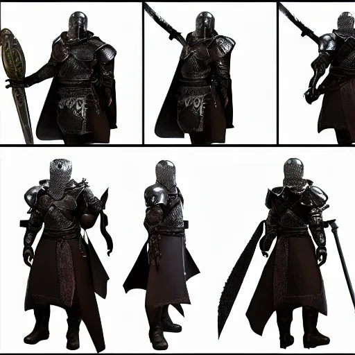 Image similar to RPG game character sheet for a character that looks like a knight, wearing armor, HDR, 4k, 8k, extremely detailed, final fantasy style, includes 4 different angles of the character