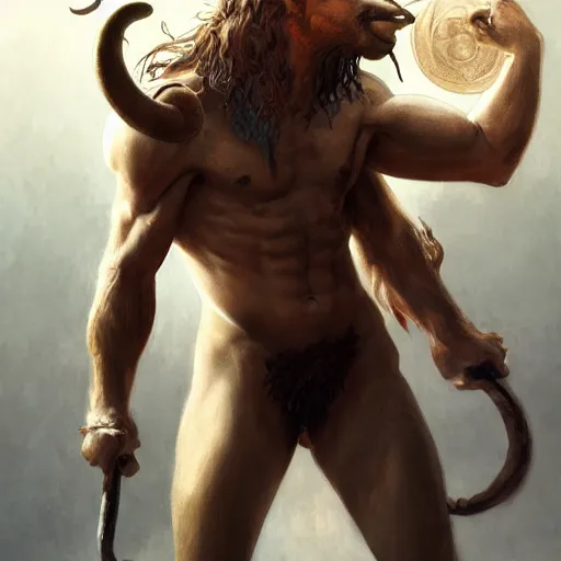 Image similar to ''body portrait of the minotaur, greek mythology, greece, fantasy, dungeons and dragons, d & d, digital painting, artstation, concept art, sharp focus, illustration, art by greg rutkowski and alphonse mucha''