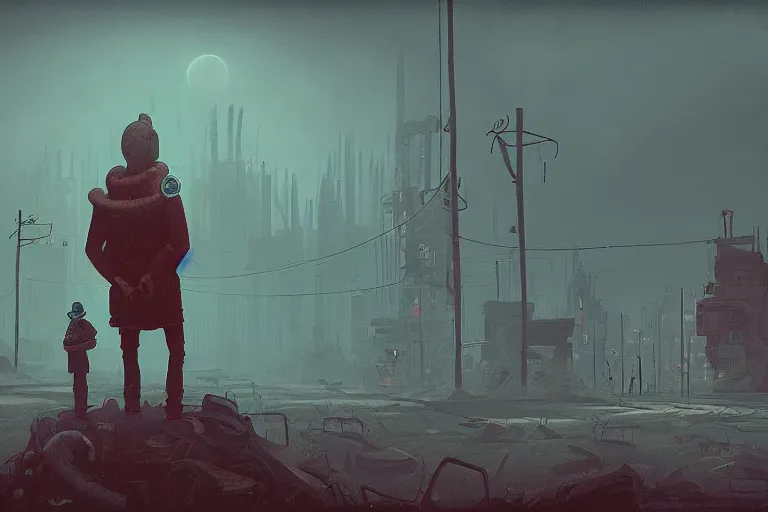 Image similar to a creepy cultist standing in a dystopian city by simon stalenhag,