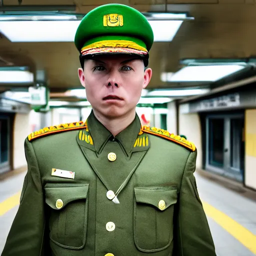 Prompt: cinematic shot of a bald young white man wearing a green chinese maoist military uniform standing in a Subway, 8k, very intricate, very detailed,