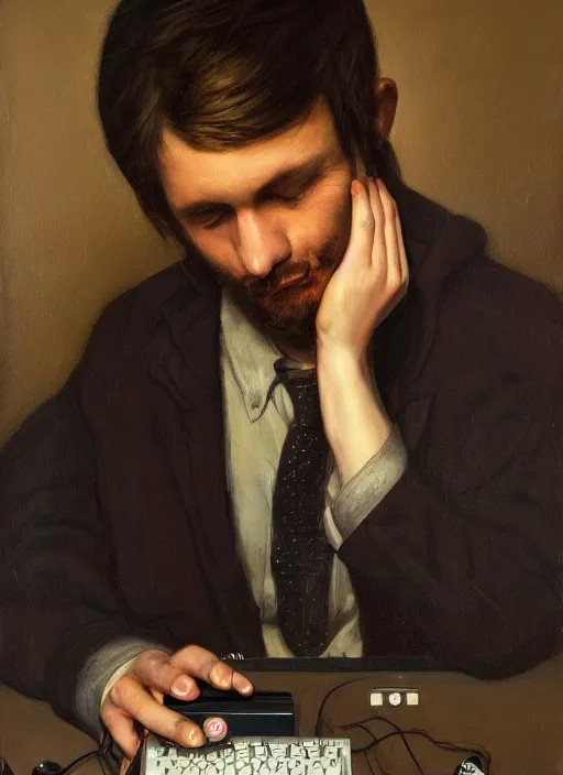 Image similar to portrait of a sleepy - looking programmer guy begging for forgiveness in front of his monitor, oil on canvas, masterwork, fine detail, trending on artstation, emotive, insanely compelling, ryden, koons