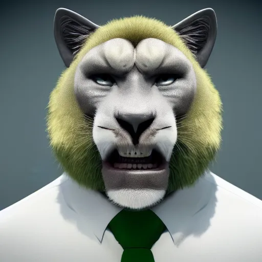 Image similar to white mountain lion hybrid ape, black suit, tie, green eyes, smile, portrait, full HD 8k, ultra realistic cinematic octane render