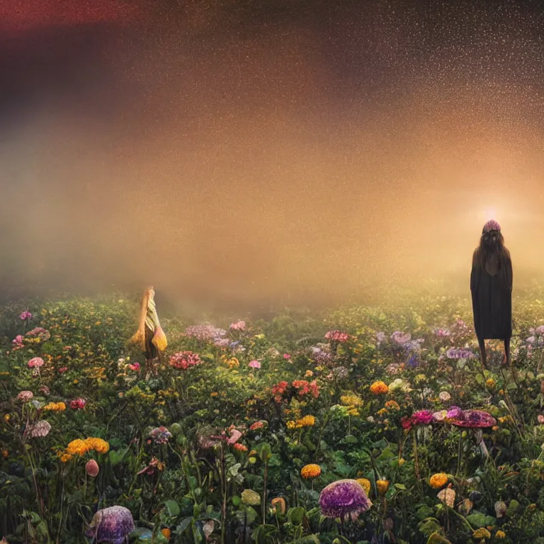 Image similar to a planet of various flowers, fungus and plants, in which the singular human figure is dressed in something magical and impressive, inside the picture is infinity, sunset light, Atmospheric phenomenon, artistic photography, muted colors, conceptual, long exposure outside the city, volumetric light