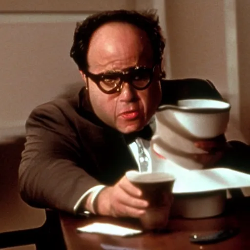 Prompt: Danny Devito in American Psycho, cinematic film still