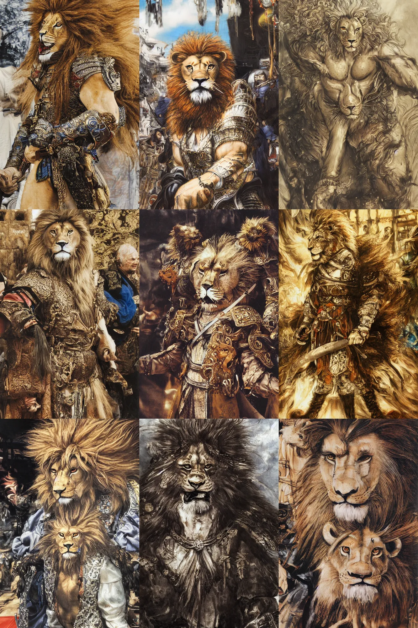 Image similar to 8 k yoshitaka amano painting of upper body of a young cool looking lion beastman with white mane at a medieval market at windy day. depth of field. he is wearing complex fantasy clothing. he has huge paws. renaissance style lighting.