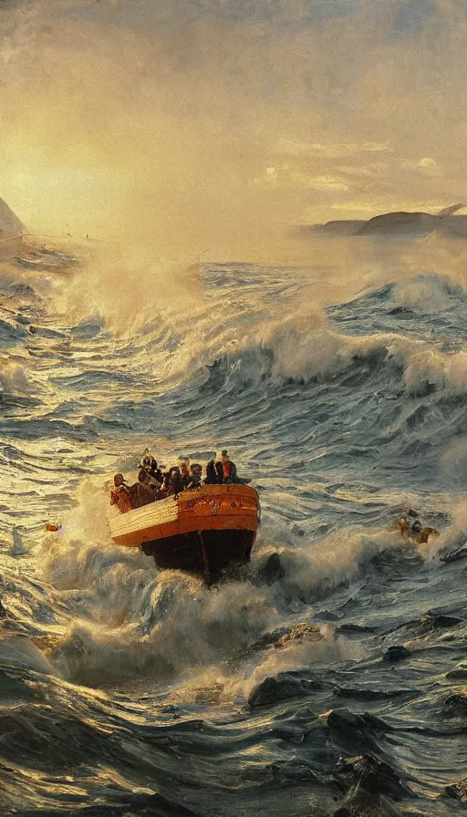 Image similar to painting of tsunami flooding a birthday party, by Peder Krøyer, dramatic lighting, golden hour, epic, intricate detail, canvas print