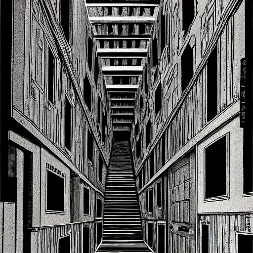 Image similar to a terrifying dark hallway with many doors and many stairs, impending doom, horror, Mc Escher architecture, epic composition, by Junji Ito