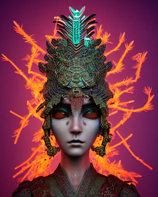 Prompt: 3 d warrior goddess medium shot portrait. beautiful hyperrealistic intricate highly detailed magpie helm, shattered armor, kintsugi, quetzalcoatl, korean hanbok, bioluminescent, plasma, lava, ice, feather, in the style of chiara bautista, octane 3 d render